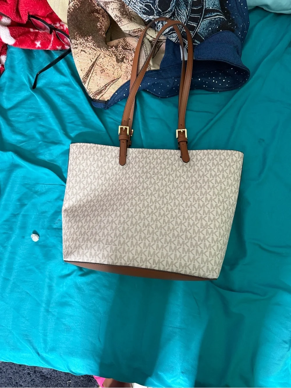 Michael Kors Cream Monogram Tote with Brown Leather Straps